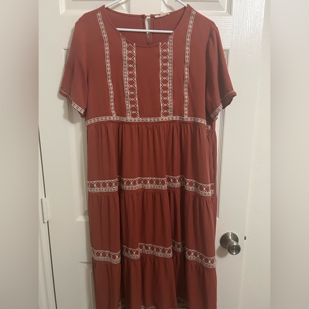 Tea n Rose Orange Red Tiered Midi Sundress